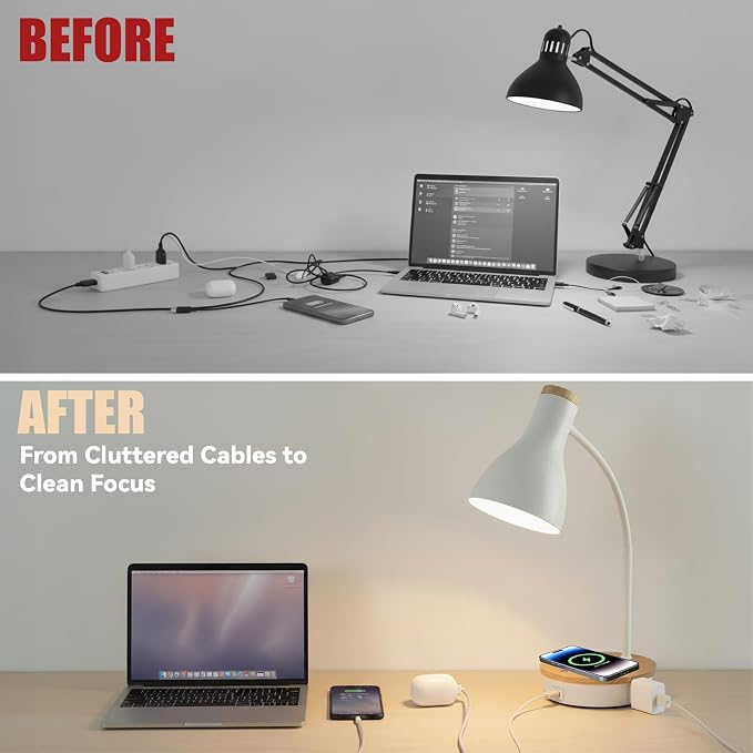 LALISU Desk Lamp for Home Office, 10W Wireless Charger Desk Light with USB C+AC Charging Ports,3 Ways Dimming Reading Light, Touch Table Lamp for College Dorm Room (White-Fast Charging (10W))