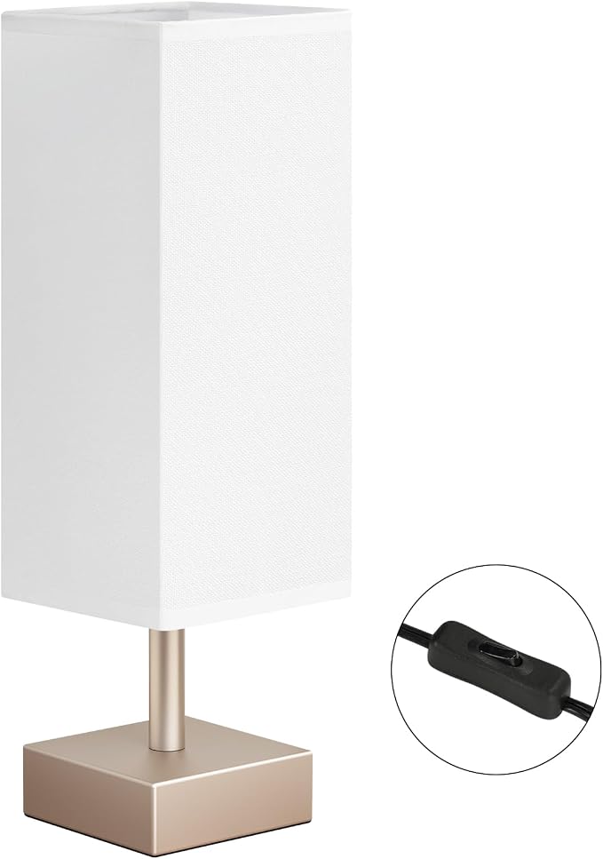 Antique White Small Bedside Lamp for Bedroom - Square White Fabric Shade | Inline Rocker Switch, Corded Electric, Bulb Not Included, 12.8" Mini Table Lamp for Nightstand, Desk, Dorm, Office