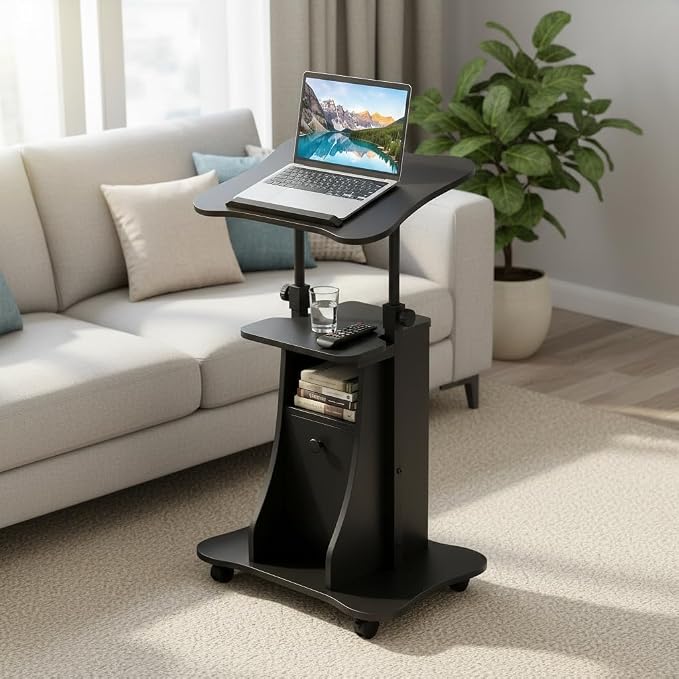 Tangkula Rolling Lectern Podium Stand, Height Adjustable Laptop Table with Tilting Tabletop & Storage Shelves, Compact Standing Desk with Lockable Casters for Home Office School (Black)