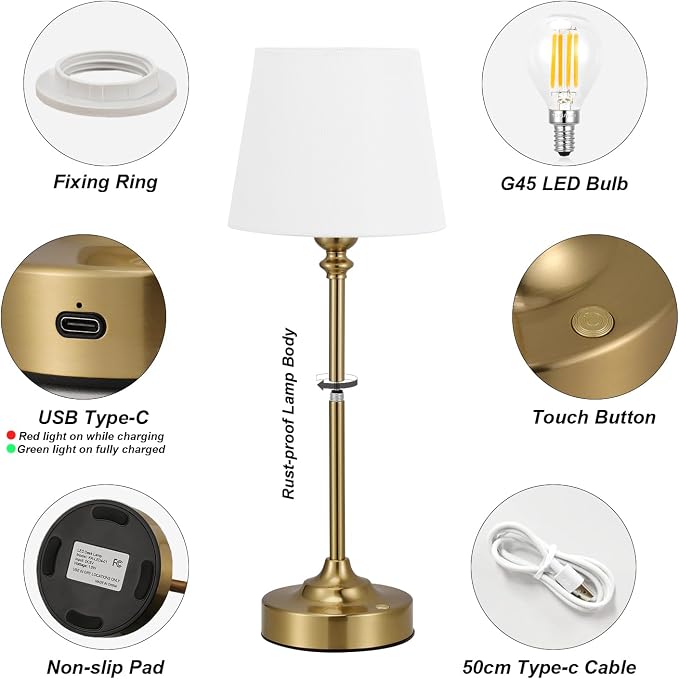 Gold Cordless Table Lamp with Rechargeable Battery, 1 Pack | Touch Stepless Dimming with Memory, 4000mAh Capacity, 3000K Warm Light, for Bedroom, Dining Table, Counter, Living Room