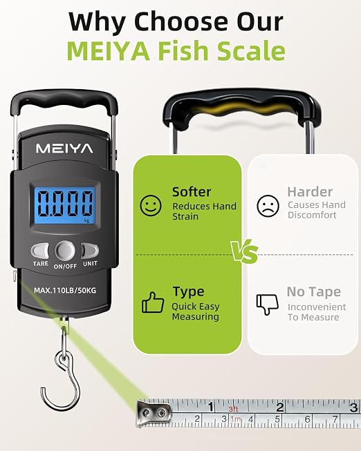 MEIYA Digital Fish Scale & Fishing Scale with Comfortable Handle - 110lb/50kg High-Accuracy Fishing Gear, Professional Fishing Gifts for Men, Comfort-Grip Hanging Scale for Large Fish, Luggage