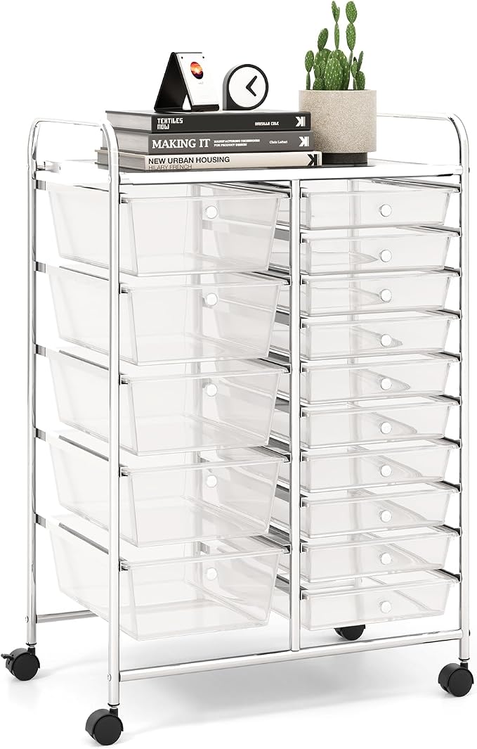 15 Drawer Rolling Storage Cart, Rolling Cart with Drawers for Classroom, Art Supply Craft Organizer on Wheel with Metal Frame & Handles for Home Office School