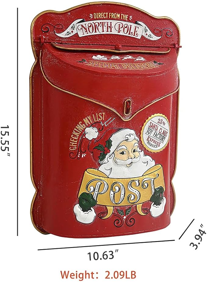 Xmas Letters to Santa Mailbox Wall Mount Christmas Mail Boxes for House Outside Metal North Pole Post Box Vintage Red Christmas Home Decor