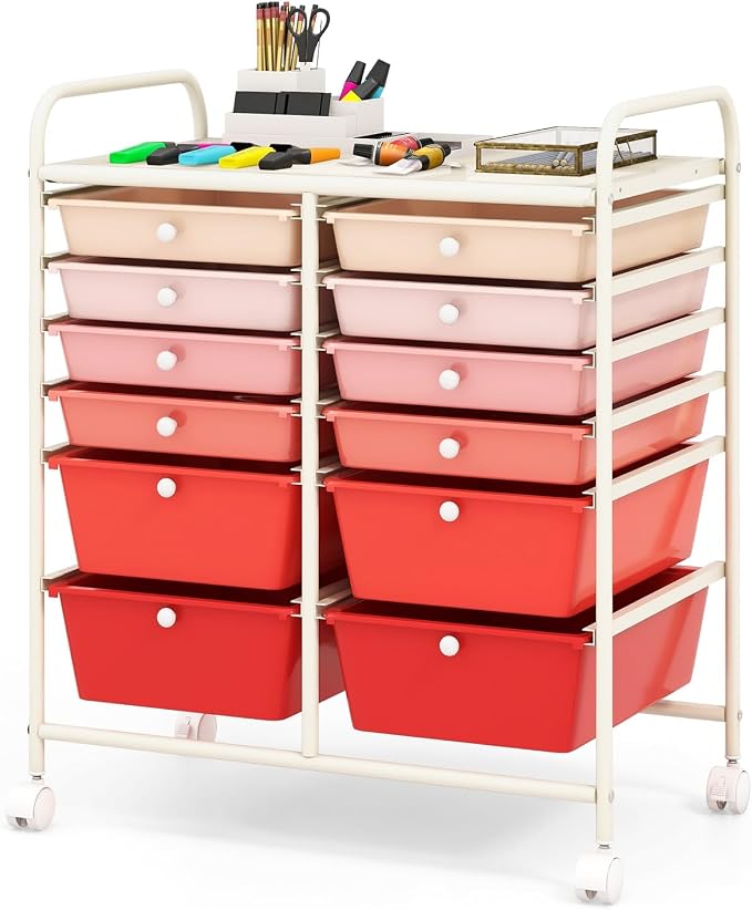 BECOMFORT 12-Drawer Rolling Cart with Drawers, Storage Cart on Wheels, Teacher Classroom Organizers with Metal Frame, Mobile Craft Cart, Trolley Utility Cart for School Office Play Room