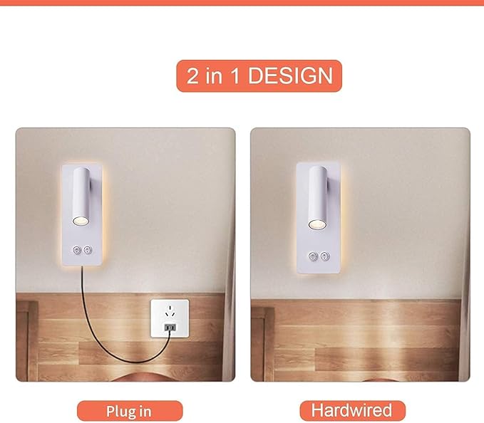 Bedside Reading Lamp Wall Mounted, LED Wall Reading Lights for Bed, Plug in Wall Sconce Set of 2, Bed Reading Light 3W 3000K Book Light with 9W Ambient Lighting