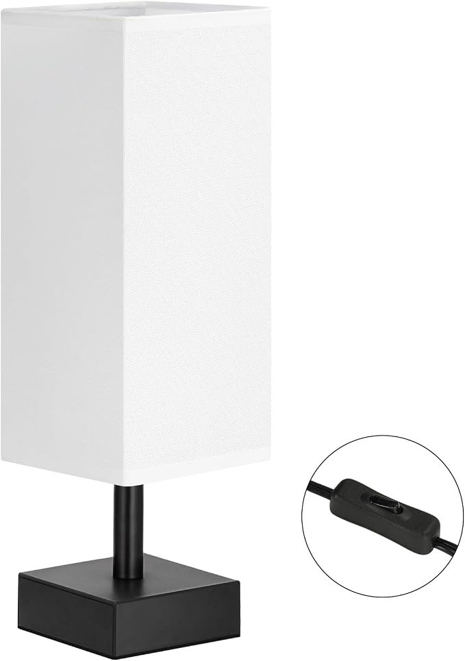 aooshine Small Bedside Table Lamp for Bedroom - Square White Fabric Shade | Inline Rocker Switch, Corded Electric, Bulb Not Included, 12.8" Mini Table Lamp for Nightstand, Desk, Dorm, Office