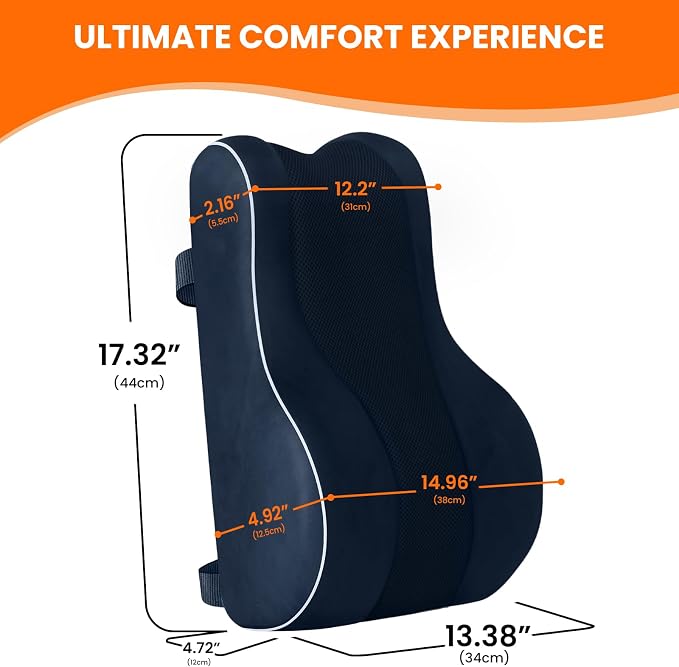 CloudBliss Lumbar Support Pillow, Memory Foam for Office, Standard, Blue | Ergonomic High-Density Memory Foam, Adjustable Straps, Washable Mesh Cover, Lower Back Support for Office, Gaming & Car Seat