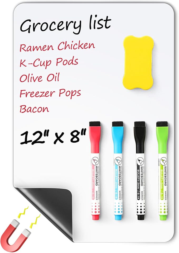 1 Pack Magnetic Dry Erase Board Sheet for Fridge, 12"x8" Erasable Refrigerator WhiteBoard w/ 4 Markers & 1 Eraser- Smooth and Flexible Small Magnet Blank Notepad for Home Kitchen Organizer and Planner