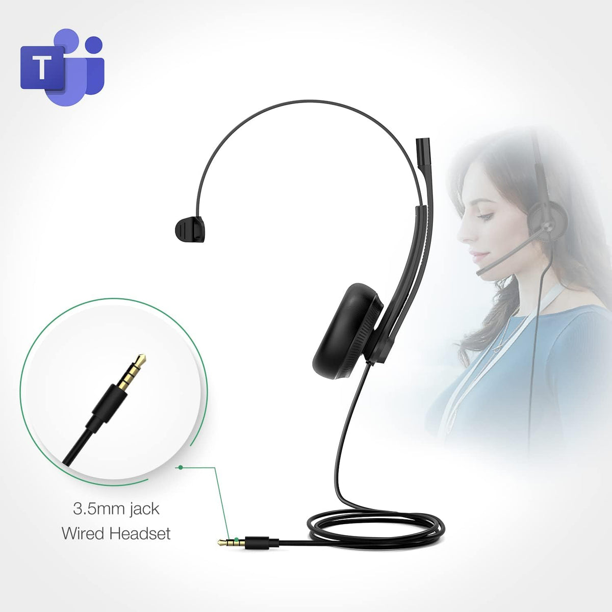 Yealink UH34 Wired Headset with Mic, 3.5mm Mono Headphones Noise Canceling Microphones,Teams Certified Work Office Headset for Computer PC Mac Laptop Tablet Smartphone