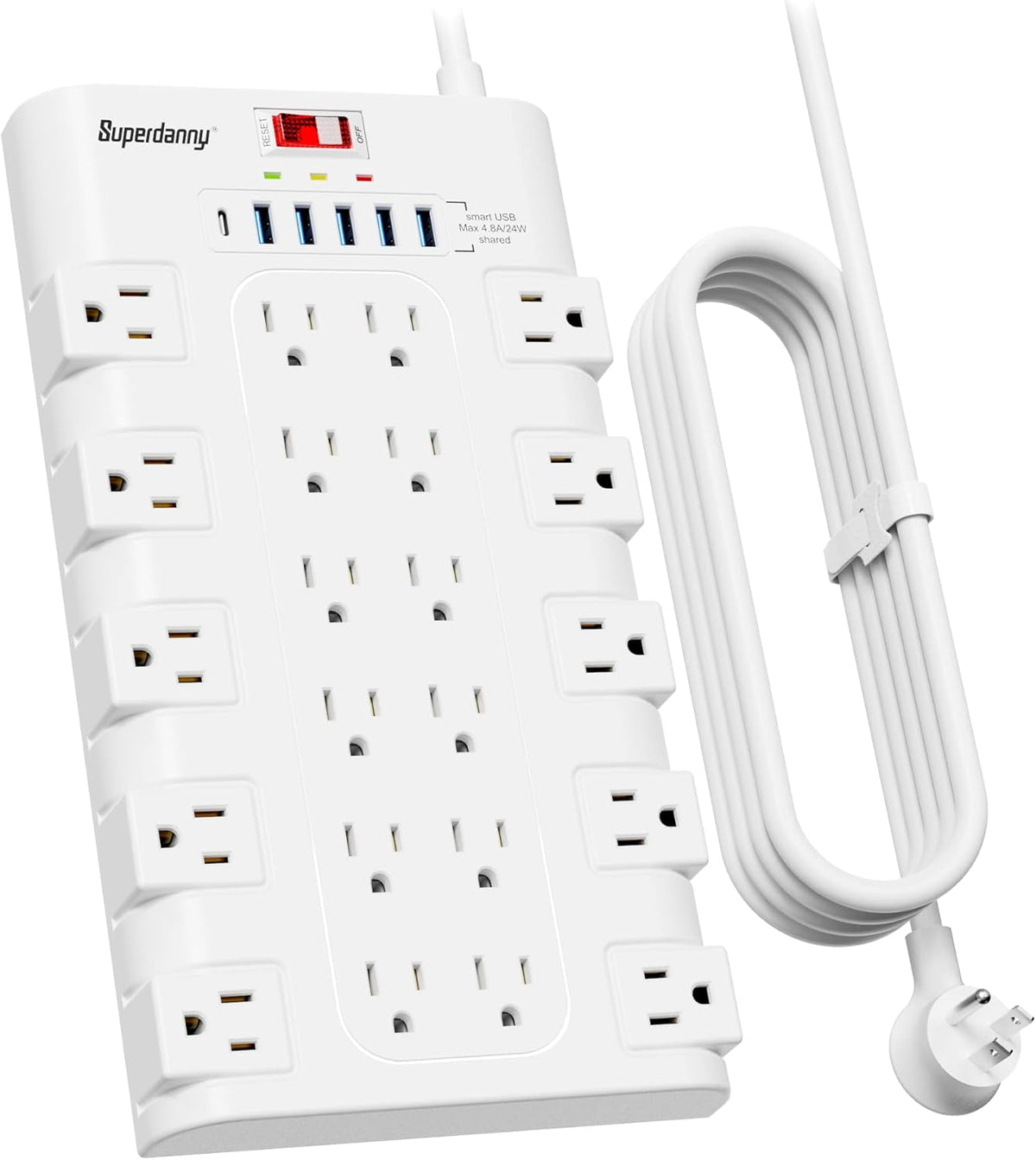 SUPERDANNY Power Strip Surge Protector with 22 AC Outlets and 6 USB Charging Ports, 6.5Ft Mountable Flat Plug Extension Cord (1875W/15A) for Home, Office, Dorm, Gaming Room, 2100 Joules, White