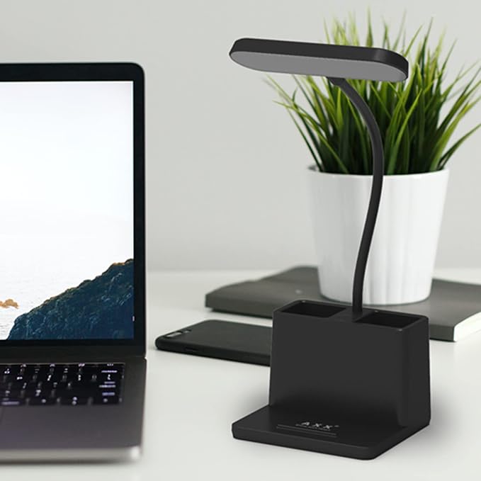 Black LED Desk Lamp, Battery Operated Small Table Light for Dorm Room | Rechargeable, Battery-Powered, Cute, Dimmable, Gooseneck, Pen Holder, Touch Control, for Home Office Bedroom Desktop