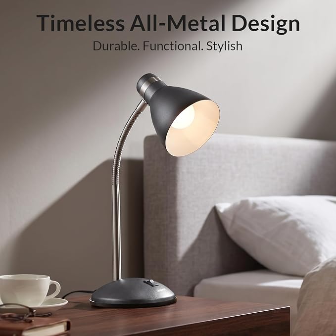 LEPOWER Metal Desk Lamp, Adjustable GooseNeck Reading Light for Bedroom | Compact & Sturdy, Space-Saving for Bedside & Dorm, E26 Table Lamp, Eye-Caring, Ideal for Study, Office, Back to School