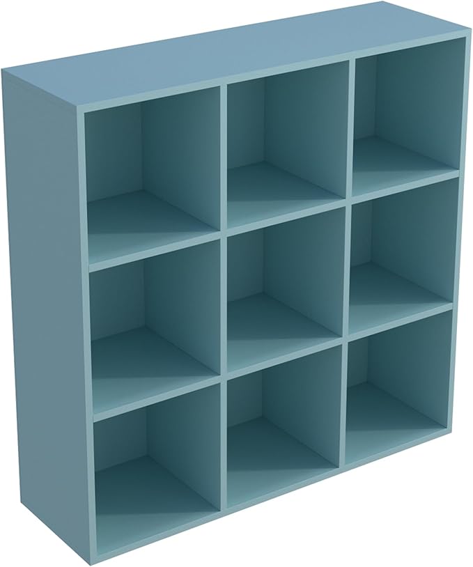 OSCHF 9-Cube Storage Shelf Bookcase - Wooden 3-Tier Floor Standing Open Bookshelf for Home and Office, Display Cabinet, Light Blue