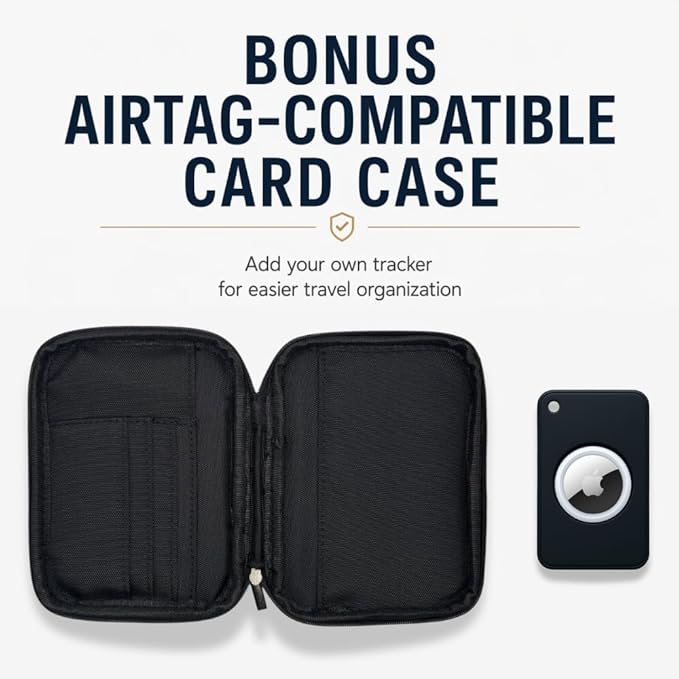EM RFID Passport Holder with Zipper for Travel, AirTag Card Case, Black | Ideal for 1 passport, cards, cash, ID and boarding pass. Size: 4.7 x 0.8 x 6.1 in (L x W x H) with discreet AirTag pocket