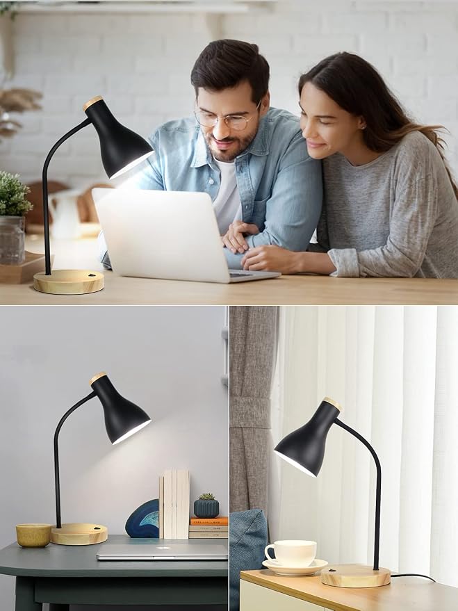 LALISU Metal Desk Lamp Table Lamp Reading Lights Arc Desk Lamps for Bedroom, Wood Base Bedside Lamp with Flexible Gooseneck for Study Room and Office (Wood Base+Black)