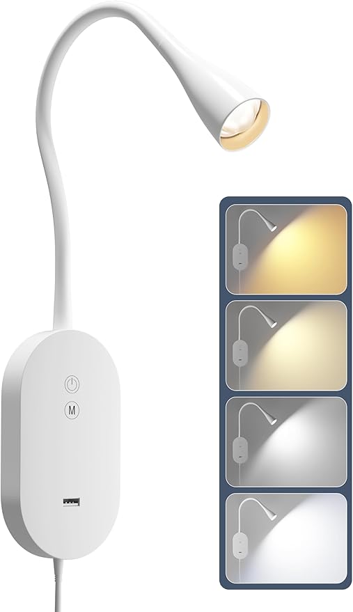 Wall Reading Light for Bed, Book Light with CRI 95+ for Eye Care, 4 Color Modes, 5 Dimmable, 2A USB Output, Memory Function, 4-Hour Auto Off, 360° Swivel Head Bed Headboard Reading Lamp White