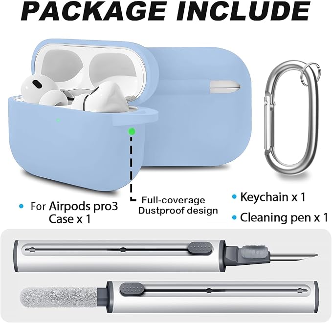 Full-Coverage dustproof Design for AirPods Pro 3 Case Cover with Cleaner Kit, Soft Silicone Cover for AirPods Pro 3rd Generation Comes with Keychain,Suitable for 3rd Generation Case,Sky Blue