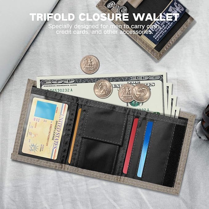 JEMINAL Trifold Canvas Wallet for Men Outdoor Sports Wallet with Keychain, Multiple Card Slots, ID Window, Lightweight Nylon Casual Wallet, Black