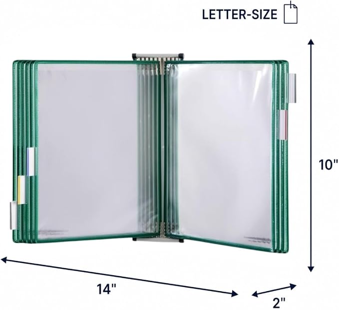 Tarifold Wall Mount Reference System, 10 Pockets, Expandable, Green | 10 double-sided PVC pockets hold 20 letter-size sheets, sturdy wall-mount bracket, snap-on index tabs, easy to install