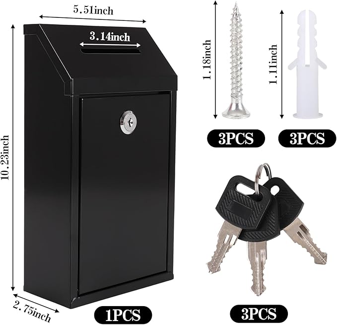Metal Donation Box with Lock Ballot Box Drop Box with Lock Suggestion Box with Slot and Locks Metal Locks Boxs Comment Box Voting Box Key Drop Box for Home Office(Black,10.24 x 5.71 x 2.95 Inch)
