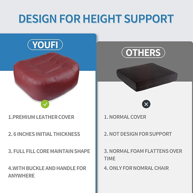 YOUFI Leather Seat Cushion Extra-Thick Booster for Office Chair to Rise Height - Full Filling for Support - with Breathable Cover, Handle and Buckle - Relieves Back Pain – 18"x16"x6" (Red)