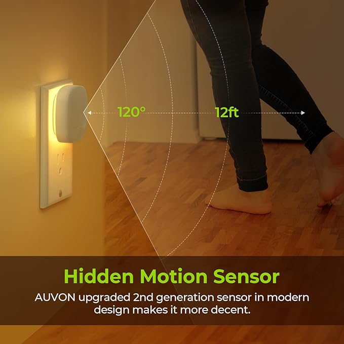 AUVON 4 X Plug-in LED Backlit Night Light with Motion & Dusk to Dawn Sensor | 2200K Soft Warm White Nightlight with 1-50lm Dimmable Brightness for Adults & Kids' Bedroom, Bathroom, Hallway