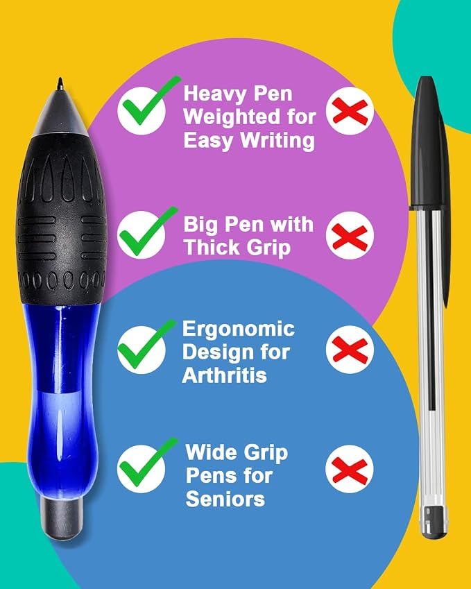 𝟯 𝗼𝘇 Fat 𝐇𝐞𝐚𝐯𝐲 𝐖𝐞𝐢𝐠𝐡𝐭𝐞𝐝 Pens for Arthritis Parkinson's Carpal Tunnel Tremors Wide Grip, Thick Barrel, Easy to Hold Blue (2 Pens + 3 Blue refills +3 Black Refills)