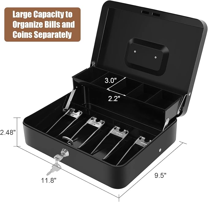 Sumerfnt Cash Box with Money Tray and Lock Money Box for Cash, Metal Locking Cash Box - 11.8" x 9.4" x 3.54" Black
