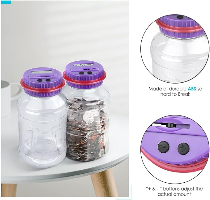 Large Piggy Bank for Adults Kids, Vcertcpl Digital Coin Counting Bank with LCD Counter, 1.8L Capacity Coin Bank Money Jar for Adults, Designed for All US Coins (Purple)