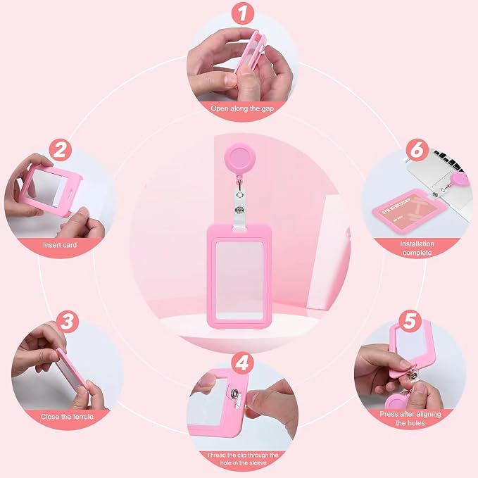 Pink Clear Double Sided Visualization Window Vertical Badge Holders with Retractable Round Reel Clips,Hard Plastic Protector for ID Name Card Girl Women
