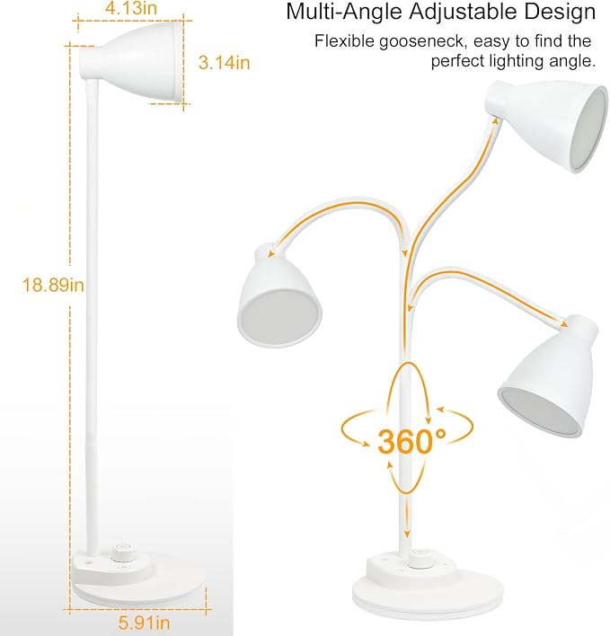 BOHON LED Desk Lamp with USB Charging Port, 3 Color Modes Dimmable, White | Reading Lamp, Auto Dimming Task Lamp, Flexible Neck Table Light for Dorm Bedside, Adapter Include