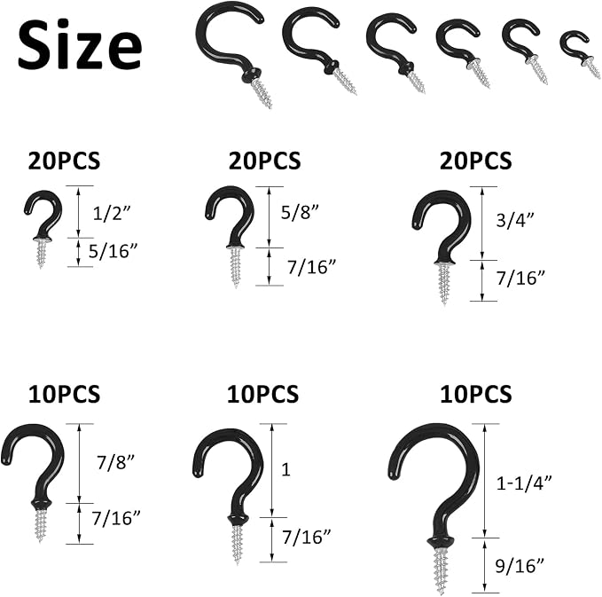 90 Pcs Black Ceiling Hooks Kit - 6 Sizes Vinyl Coated Screw-in Hooks for Hanging (1/2", 5/8", 3/4", 7/8", 1", 1-1/4")