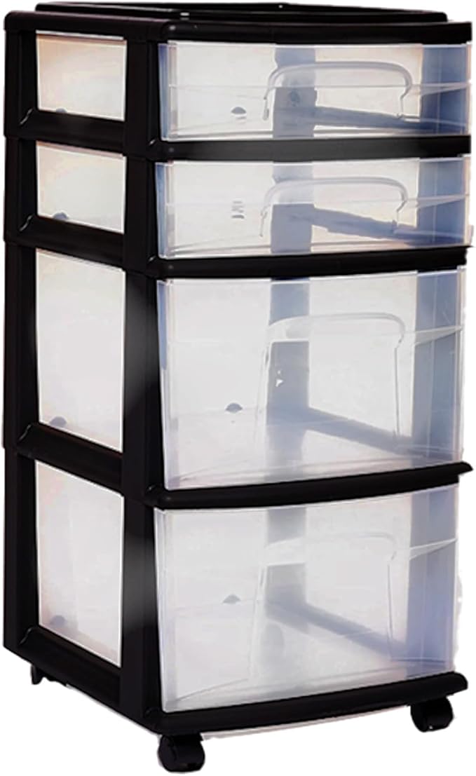 HOMZ Drawer Tower, 4-Tier Storage Cart with Removable Wheels, Black Frame | Plastic Organizer with Clear Bin Drawers for Bedroom, Bathroom, Home Office, and Dorm Rooms