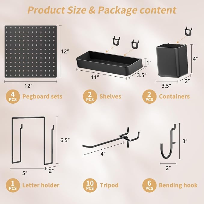 FZK Black Modular Plastic Pegboard Wall Organizer Kit, 12x12, 4 Panels | ABS material, wall mount storage kit, includes hooks and shelves, drill free or screw installation, for home & gaming room