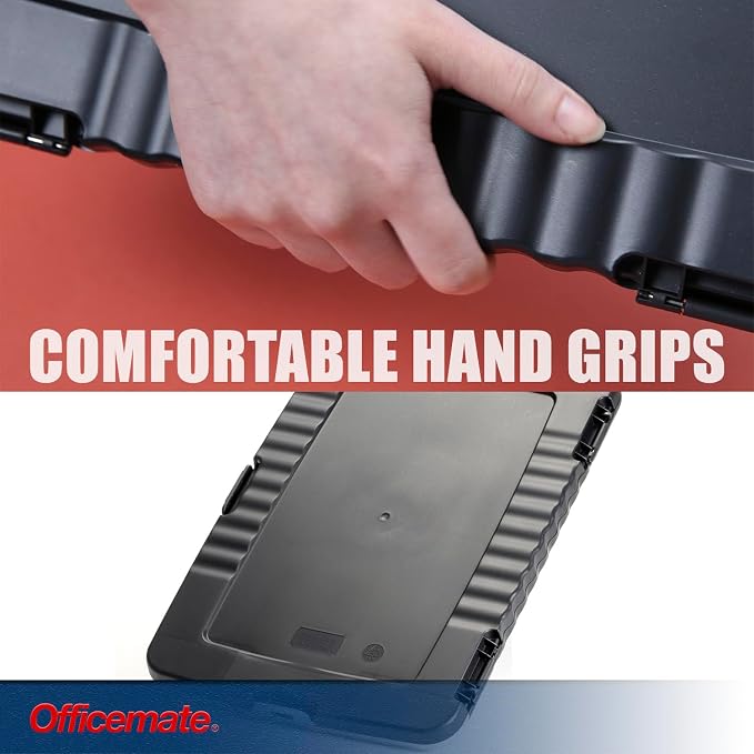 Officemate Slim Clipboard Storage Box, 14.5 x 10-Inches Letter Size Document Organizer, Low-Profile Metal Clip, Separate Pen and Pencil Compartment, Charcoal