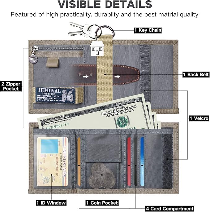 JEMINAL Trifold Canvas Wallet for Men Outdoor Sports Wallet with Keychain, Multiple Card Slots, ID Window, Lightweight Nylon Casual Wallet, Grey