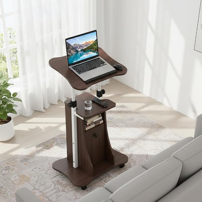 Tangkula Rolling Lectern Podium Stand, Height Adjustable Laptop Table with Tilting Tabletop & Storage Shelves, Compact Standing Desk with Lockable Casters for Home Office School (Brown)