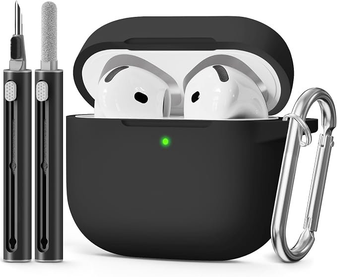 for AirPods 4 Case 2024 with Cleaner Kit & Keychain-Black | Silicone Protective Cover for Apple AirPods 4th Generation Case,for Women Men,One-Piece Design,Shockproof,Dust Proof