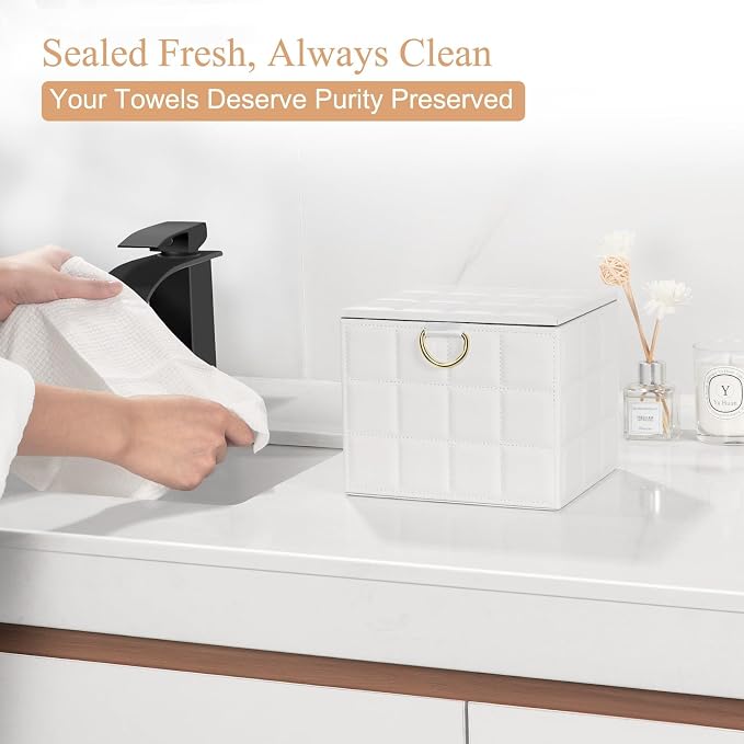 Disposable Face Towel Holder Box XL for Clean Skin Club Organizers | White PU Leather Face Towels Container, Reusable Organizer for Clean Skin Towel Makeup Wipe Holder Counter Bathroom Storage