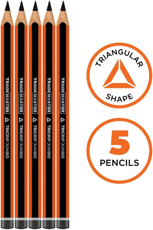 Carpenters Pencils Pack of 5 | Builders Pencil with TriGrip Jumbo Barrel - Construction Pencils Having Hard Lead for Marking Wood, Brick, Concrete & Plasterboard | Work Pencil for Builders