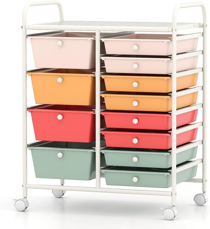 BECOMFORT 15-Drawer Rolling Cart with Drawers, Storage Cart on Wheels, Teacher Classroom Organizers with Metal Frame, Mobile Craft Cart for Tools