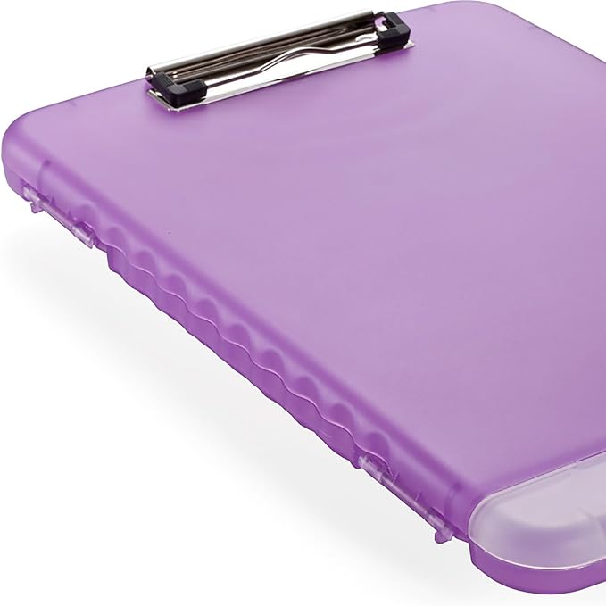 Officemate Slim Clipboard with Storage, 10 x 14.5-Inches Plastic Document Organizer with Compartment and Pen Holder, Translucent Purple