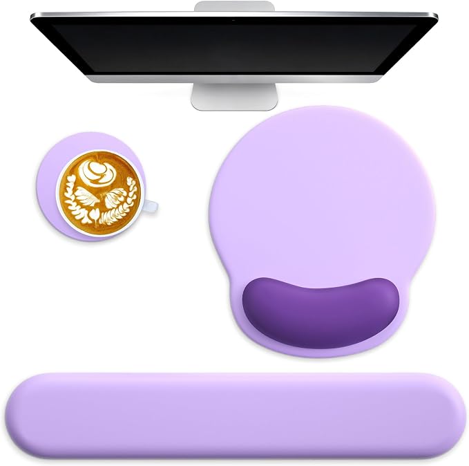 3 in 1 Ergonomic Mouse Pad and Keyboard Wrist Rest with Coaster Set-Purple | Cute Large Mousepad with Gel Wrist Support for Gaming Computer Laptop Women Office Home Desk Decor