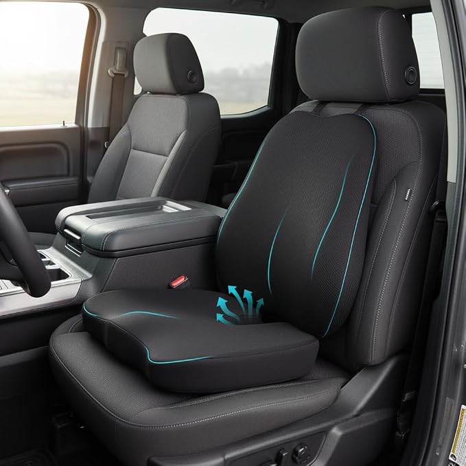 Car Seat Cushion with Lumbar Support, Memory Foam for Long Driving | 3D breathable mesh, 60D memory foam, non-slip base and adjustable strap; for cars, trucks, office and gaming chairs, black