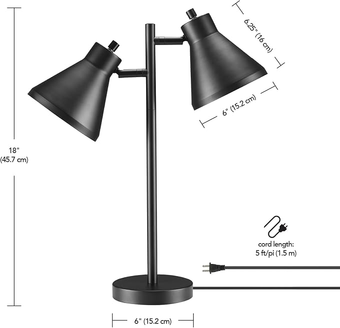 Globe Electric 18" 2-Light Desk Lamp, Industrial Design, Pivoting Heads, Matte Black Finish, Dual On/Off Switches, E26 Base, 52999