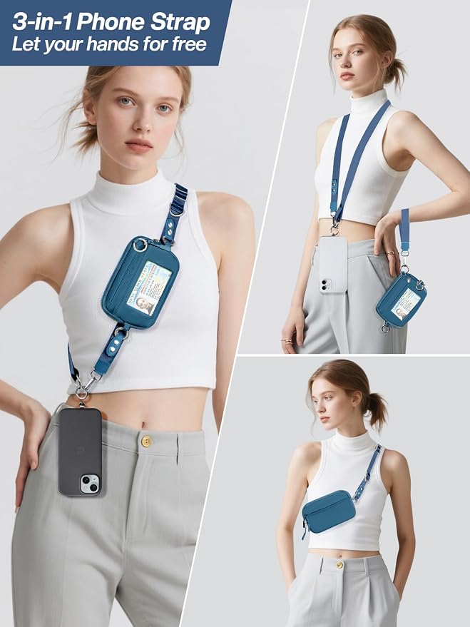 Tiostep Clip and Go Strap for Phone with Wallet Crossbody Phone Lanyard Adjustable and Detachable RFID Wristlet Wallet (Peacock Blue, Medium)