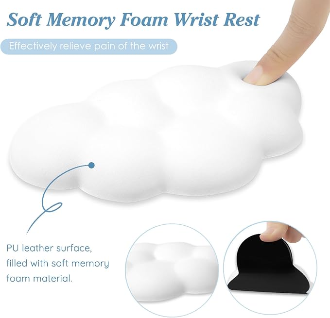 Cloud Wrist Rest Cushion for Mouse Ergonomic Soft PU Leather Memory Foam Wrist Pain Relief Mouse Wrist Support Pad with Anti-Skid Base for Office School Home Laptop & Computer Mouse (White)