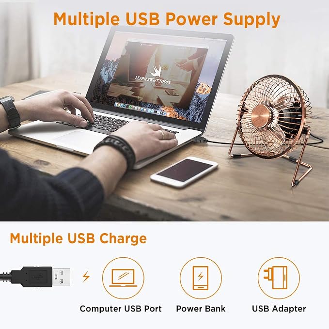 EasyAcc 6 Inch USB Desk Fan, 360°Rotation Small and Quiet,Powerful Portable Strong Airflow,Mini Metal Personal Cooling Fan with 2 Speed for Home Office,Bronze(USB POWERED ONLY)