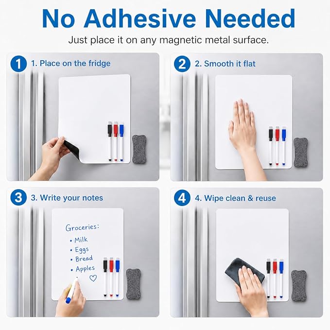 Magnetic Dry Erase Whiteboard 8"x12" for Fridge | Dry erase white board for fridge set with markers, eraser & magnets. Magnetic sheet sticks to fridge whiteboard