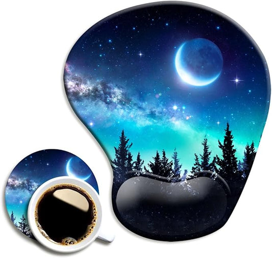 DOOKE Ergonomic Mouse Pad with Wrist Support and Coaster,Mouse Pads with Non-Slip PU Base for Home Office Working Studying Easy Typing & Pain Relief Night Forest